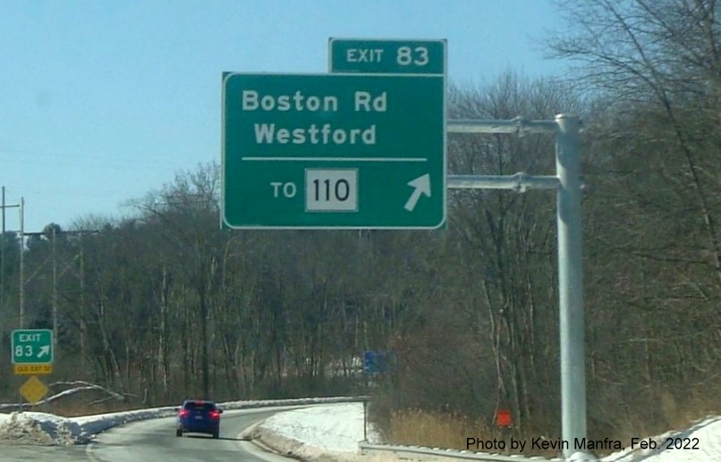 Image of recently placed overhead ramp sign for Boston Road exit on I-495 South in Westford, by Kevin Manfra, February 2022 