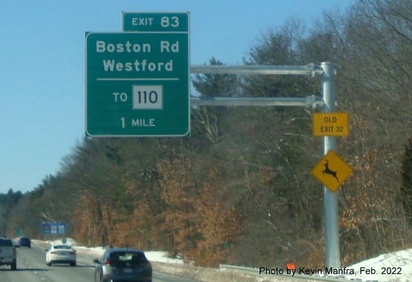 Image of recently placed 1 Mile advance sign for Boston Road exit on I-495 South in Westford, by Kevin Manfra, February 2022 