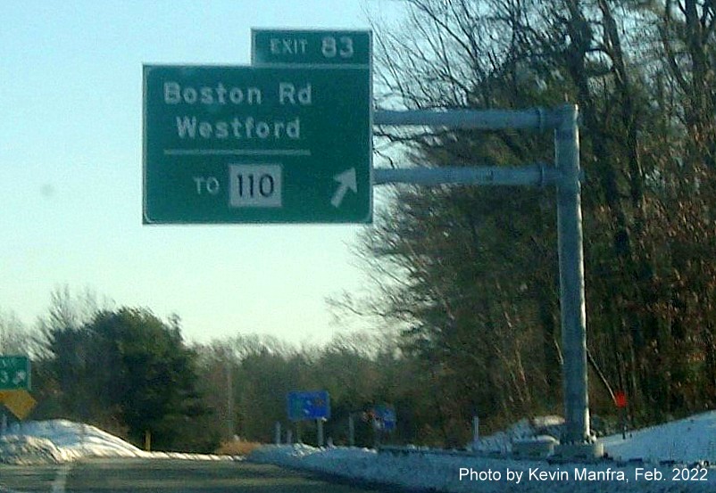 Image of recently placed overhead ramp sign for Boston Road exit on I-495 North in Westford, by Kevin Manfra, February 2022 