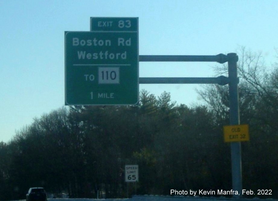 Image of recently placed 1 Mile advance overhead sign for Boston Road exit on I-495 North in Westford, by Kevin Manfra, February 2022 
