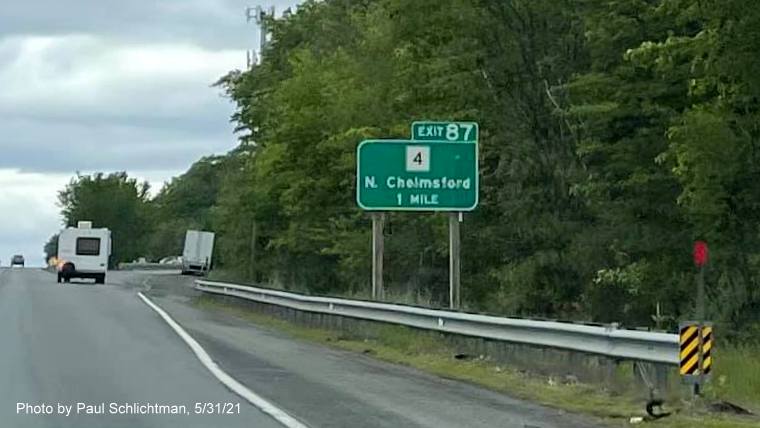 Image of temporary 1 mile advance sign for MA 4 exit with new milepost based exit number on I-495 North in Chelmsford, by Paul Schlichtman, May 2021