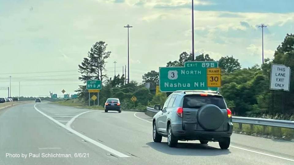 Image of overhead ramp sign for US 3 North exit with new milepost based exit number on C/D ramp from I-495 South in Chelmsford, June 2021