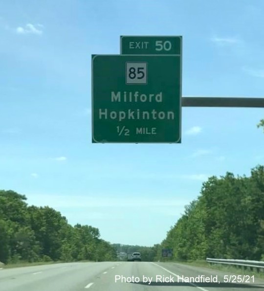 Image of 1/2 mile advance sign for MA 85 exit with new milepost based exit number on I-495 South in Milford, by Rick Handfield, May 2021