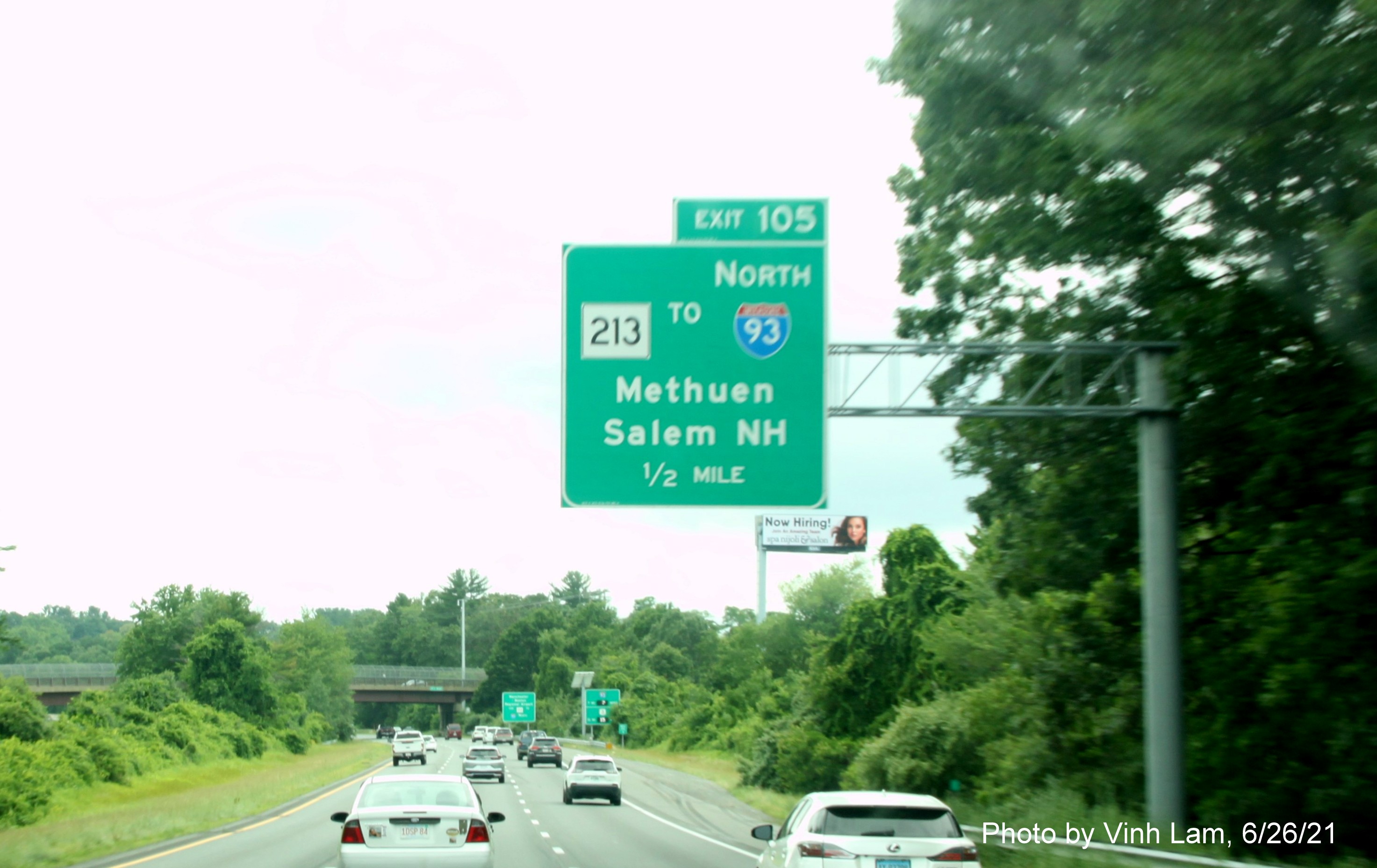 Image of 1/2 mile advance overhead sign for MA 213 exit with new milepost based exit number on I-495 South in Lawrence, photo by Vinh Lam, June 2021