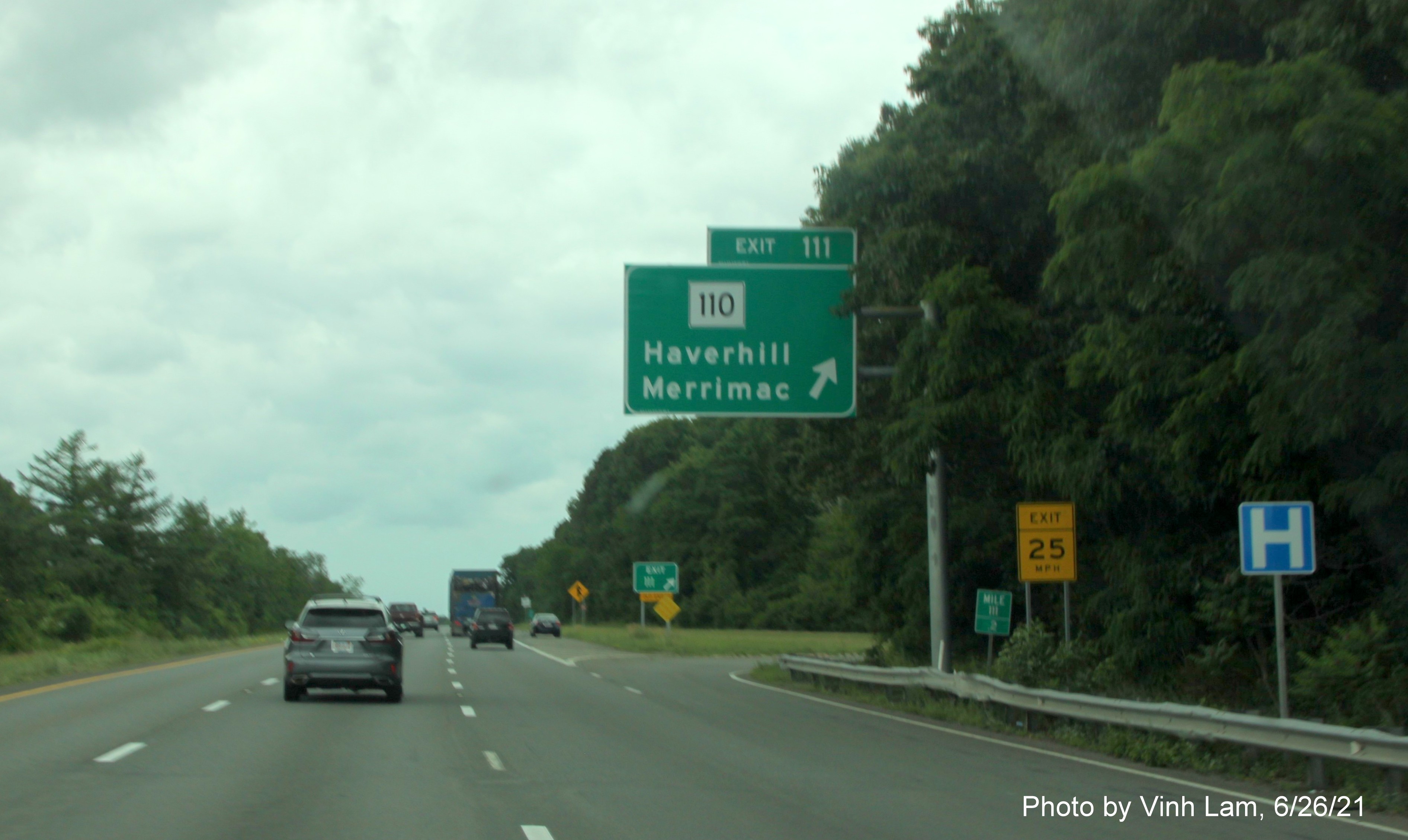Image of overhead ramp sign for MA 110 exit with new milepost based exit number on I-495 South in Haverhill, photo by Vinh Lam, June 2021