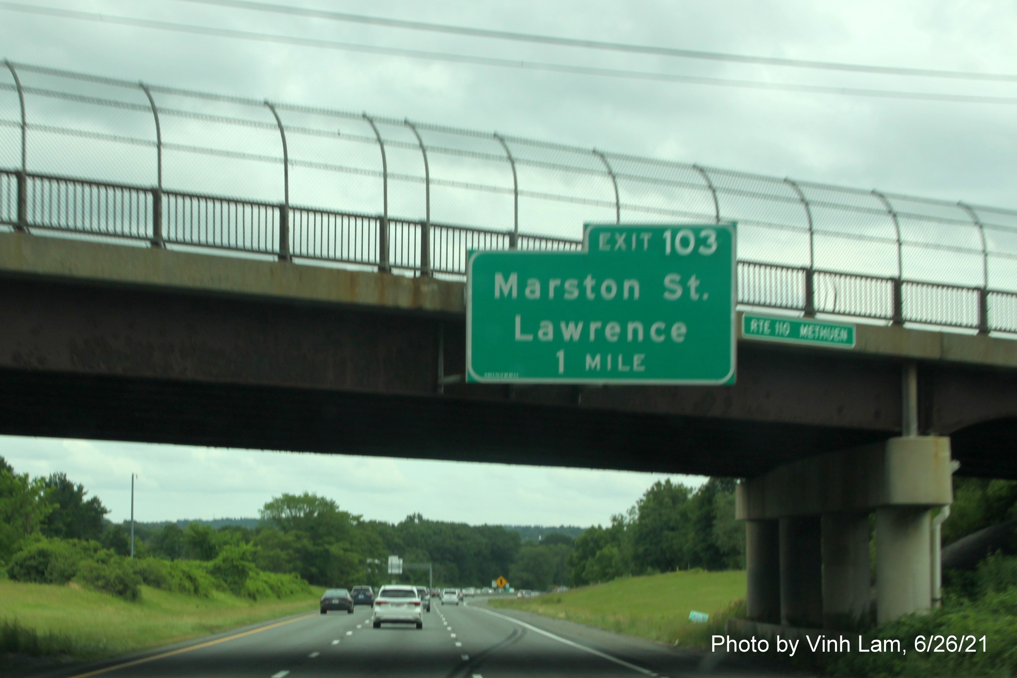 Image of 1 mile advance overhead sign for Marston Street exit with new milepost based exit number on 
                                             I-495 South in Methuen, photo by Vinh Lam, June 2021