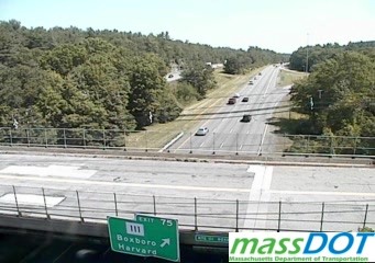 MassDOT traffic camera image for bridge mounted ramp sign for MA 111 exit with new milepost based exit number on I-495 South in Harvard, June 2021