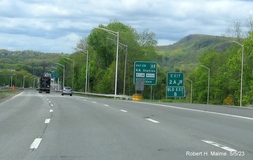Image of gore sign for US 5 exit with new milepost based exit number on I-691 West in Meriden CT, May 2023