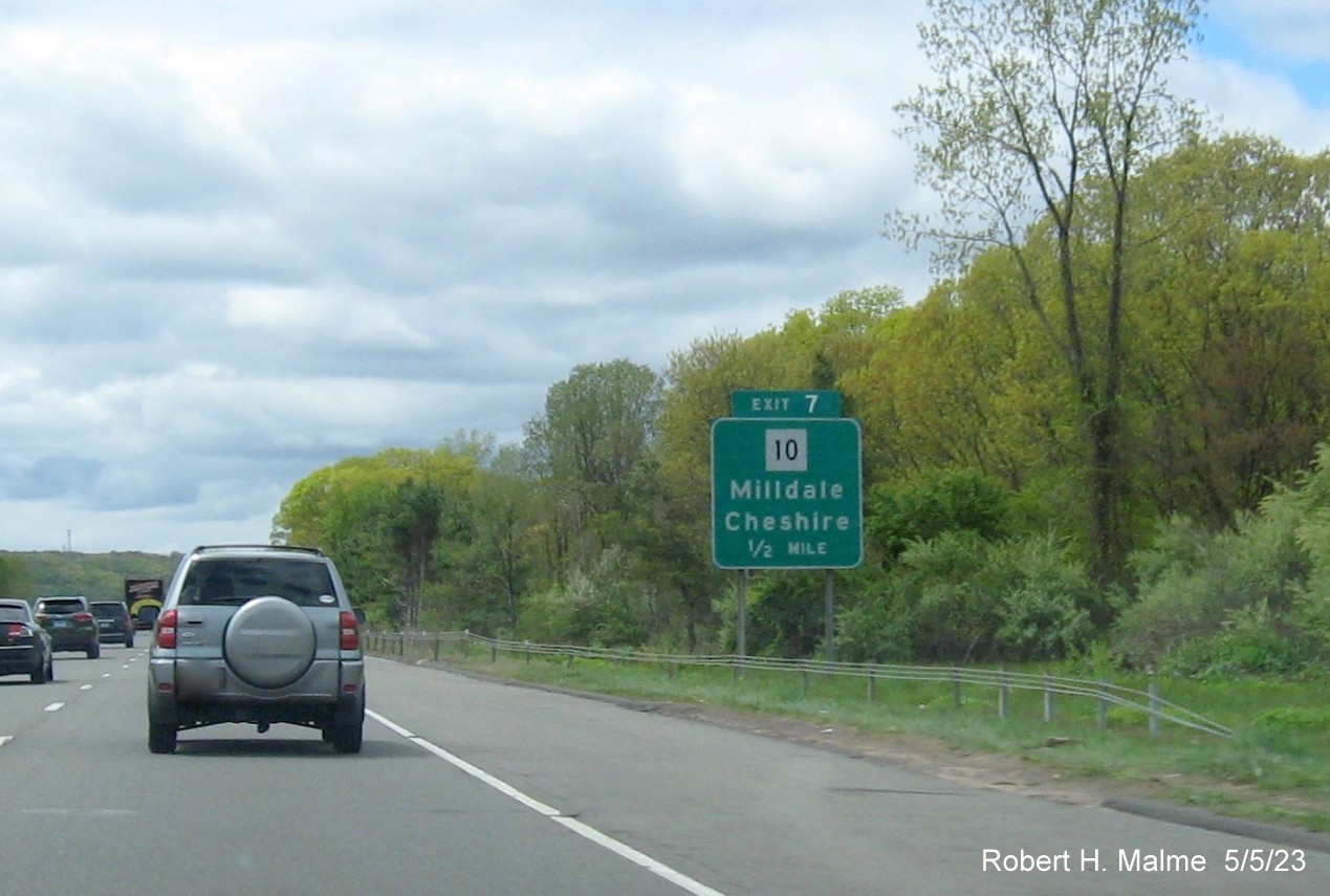 Image of 1/2 mile advance sign for CT 10 exit with new milepost based exit number on I-691 West in Cheshire, May 2023