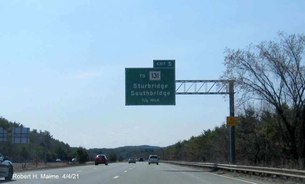 Image of 1 Mile advance sign for To MA 131 exit with new milepost based exit number on I-84 West in Sturbridge, April 2021