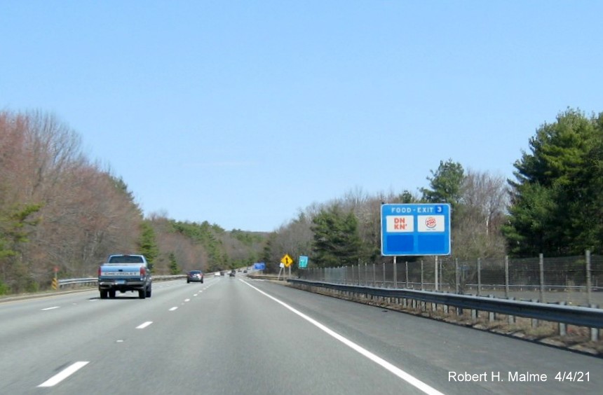 Image of blue Food Services sign for Mashapaug Road exit with new milepost based exit number on I-84 East in Sturbridge, April 2021