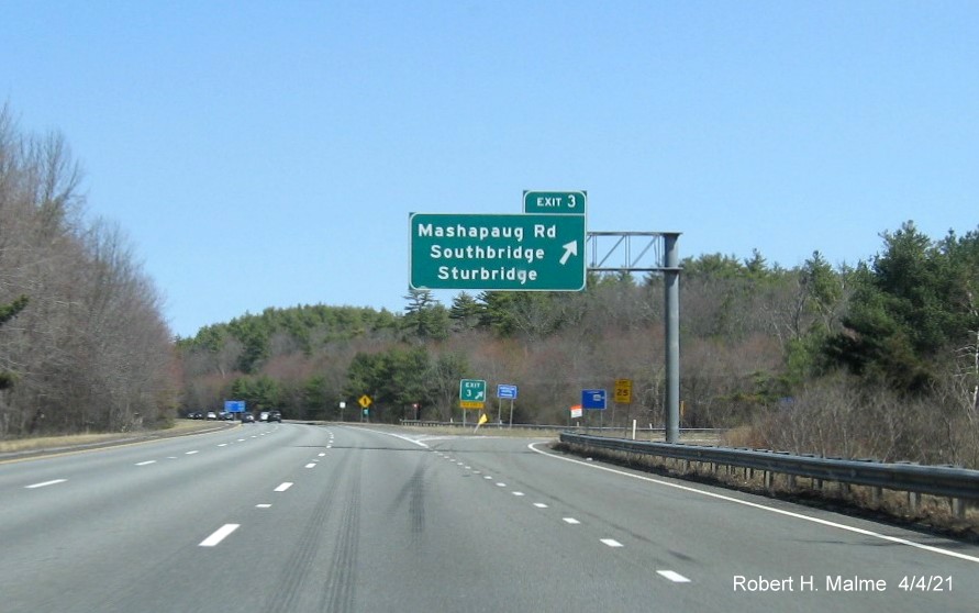 Image of overhead ramp sign for Mashapaug Road exit with new milepost based exit number on I-84 East in Sturbridge, April 2021
