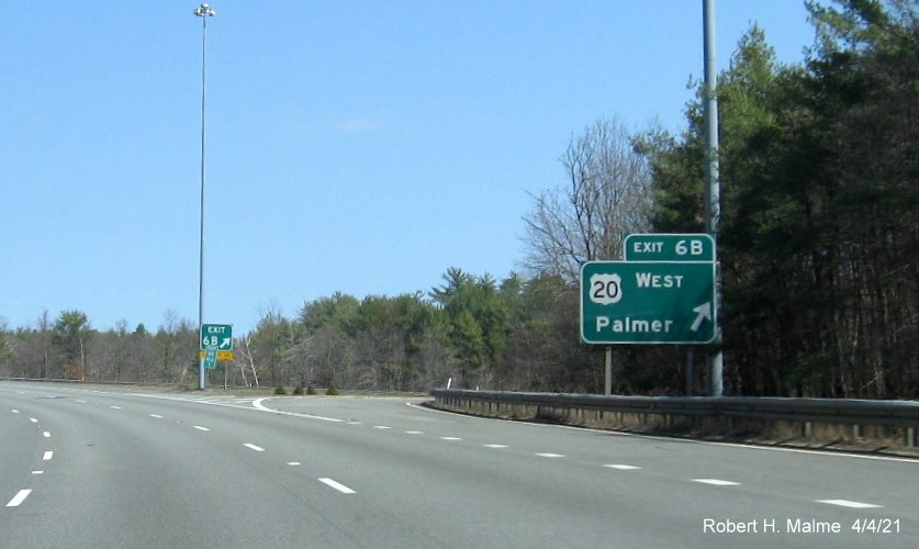 Image of exit sign for US 20 West with new milepost based exit number on I-84 East in Sturbridge, April 2021