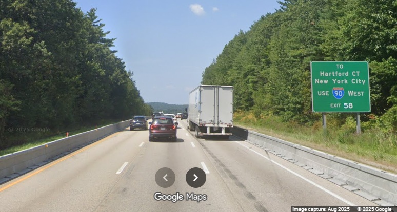 Image of start of I-90 interchange construction zone along I-495 North in Hopkinton, 
	Google Maps Street View, August 2025