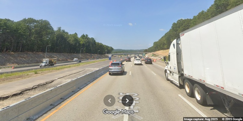 Image of new lanes being constructef along I-495 North in Hopkinton as part of I-90
	interchange project, Google Maps Street View, August 2025