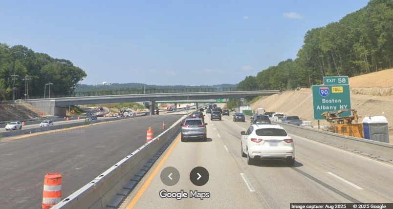 Image of median construction along I-495 North in Hopkinton as part of I-90 interchange 
	project, Google Maps Street View, August 2025
