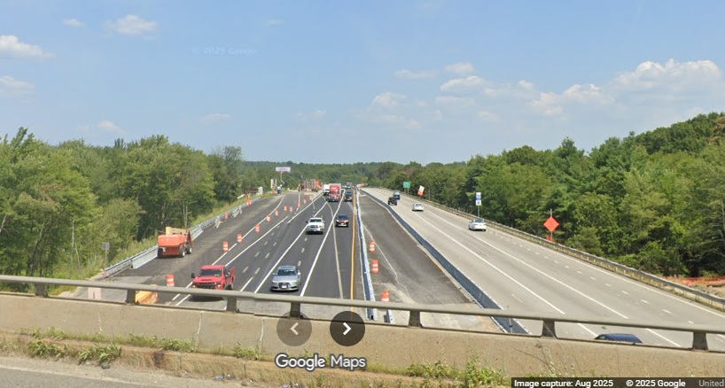 Image of new I-90 West interchange construction from I-495 North bridge in Hopkinton, 
	Google Maps Street View, August 2025