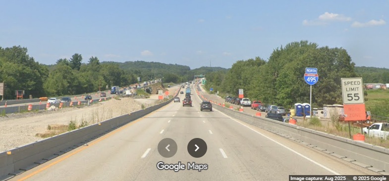 Image of construction of future on-ramp from I-90 West as part of interchange construction 
	on I-495 North in Hopkinton, Google Maps Street View, August 2025