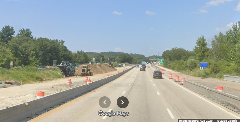 Image of construction of new right lane after future on-ramp from I-90 West as part of 
	interchange construction on I-495 North in Hopkinton, Google Maps Street View, August 2025