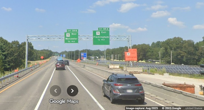 Image of construction of future auxiliary lane between I-90 West interchange and MA 9 exit
	as part of interchange construction on I-495 North in Hopkinton, Google Maps Street View, August 2025