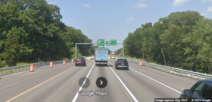 Image of end of work zone for the I-90 interchange at the MA 9 East exit
	on I-495 North in Hopkinton, Google Maps Street View, August 2025