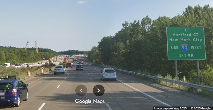 Image of auxiliary sign for I-90 West exit approaching work zone for Mass Pike interchange 
	construction on I-495 South in Hopkinton, Google Maps Street View, August 2025