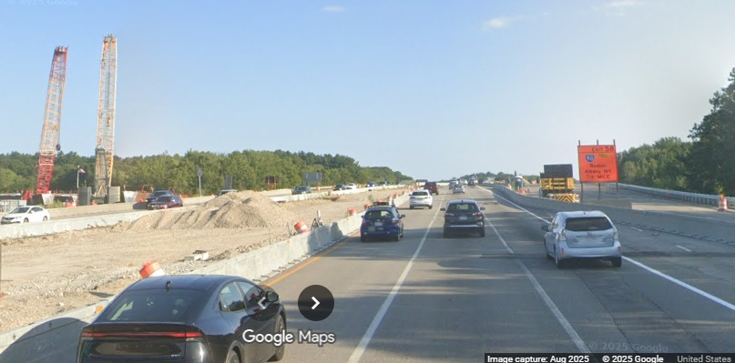 Image of median construction prior to the I-90 exit in work zone for Mass Pike 
	interchange construction on I-495 South in Hopkinton, Google Maps Street View, August 2025