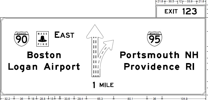 Plan for new 1 Mile exit sign with new number for I-95 exit on Mass Pike, from MassDOT