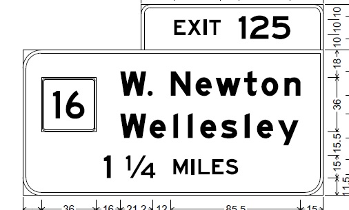 Plan for new 1 1/4 Mile exit sign for MA 16 exit on Mass Pike, from MassDOT