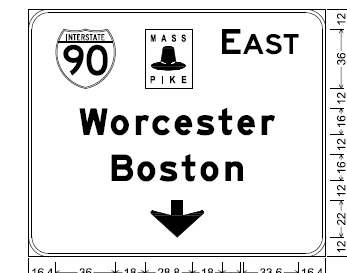 Plan for I-90 pull-through sign west of Worcester, from MassDOT