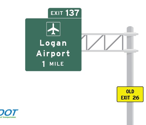 MassDOT illustration of Exit 137 Logan Airport 1 Mile exit sign, November 2019