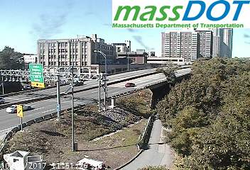 MassDOT traffic camera image of new overhead sign prior to Allston-Brighton exit on I-90/Mass Pike West in Boston