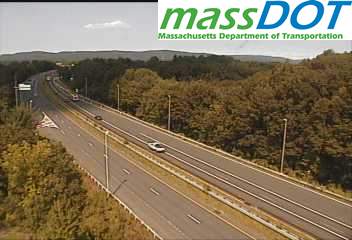 MassDOT traffic camera image of new I-90/Mass Pike overhead exit signage for Exit 3 in Westfield
