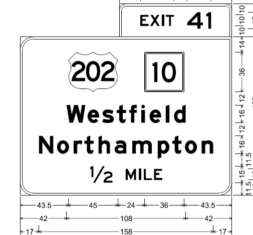 Image of Plan for 1/2 mile advance sign for US 202/MA 10 exit on I-90/Mass Pike East in Westfield, from MassDOT