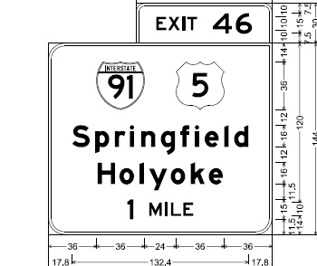 I-90 signage plan for Exit 46, 1 Mile Sign, from MassDOT