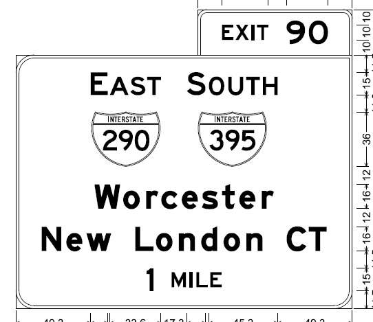 Image of original sign plan for Auburn exit on I-90/Mass Pike, from MassDOT