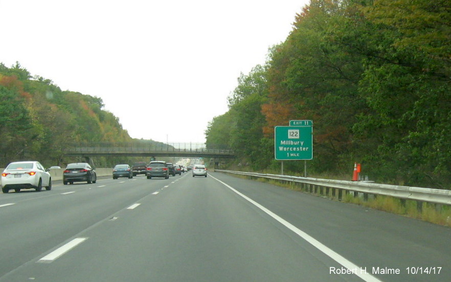 Image of overhead sign support foundation for future 1-Mile Advance sign for MA 122 exit on I-90/Mass Pike West in Millbury