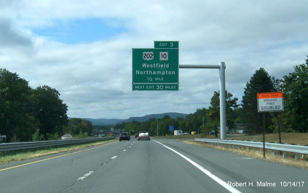 Image of newly placed 1/2 mile advance sign for US 202/MA 10 exit on I-90/Mass Pike West in Westfield