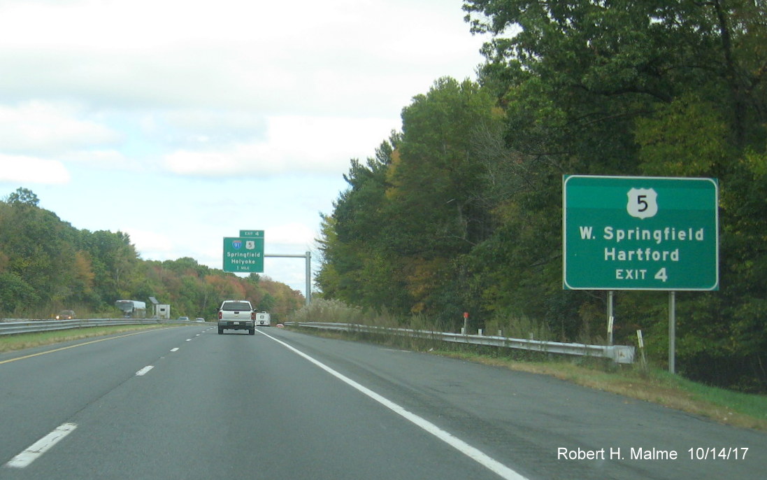 Auxiliary sign for US 5 before I-91/US 5 exit on I-90/Mass Pike East in West Springfield