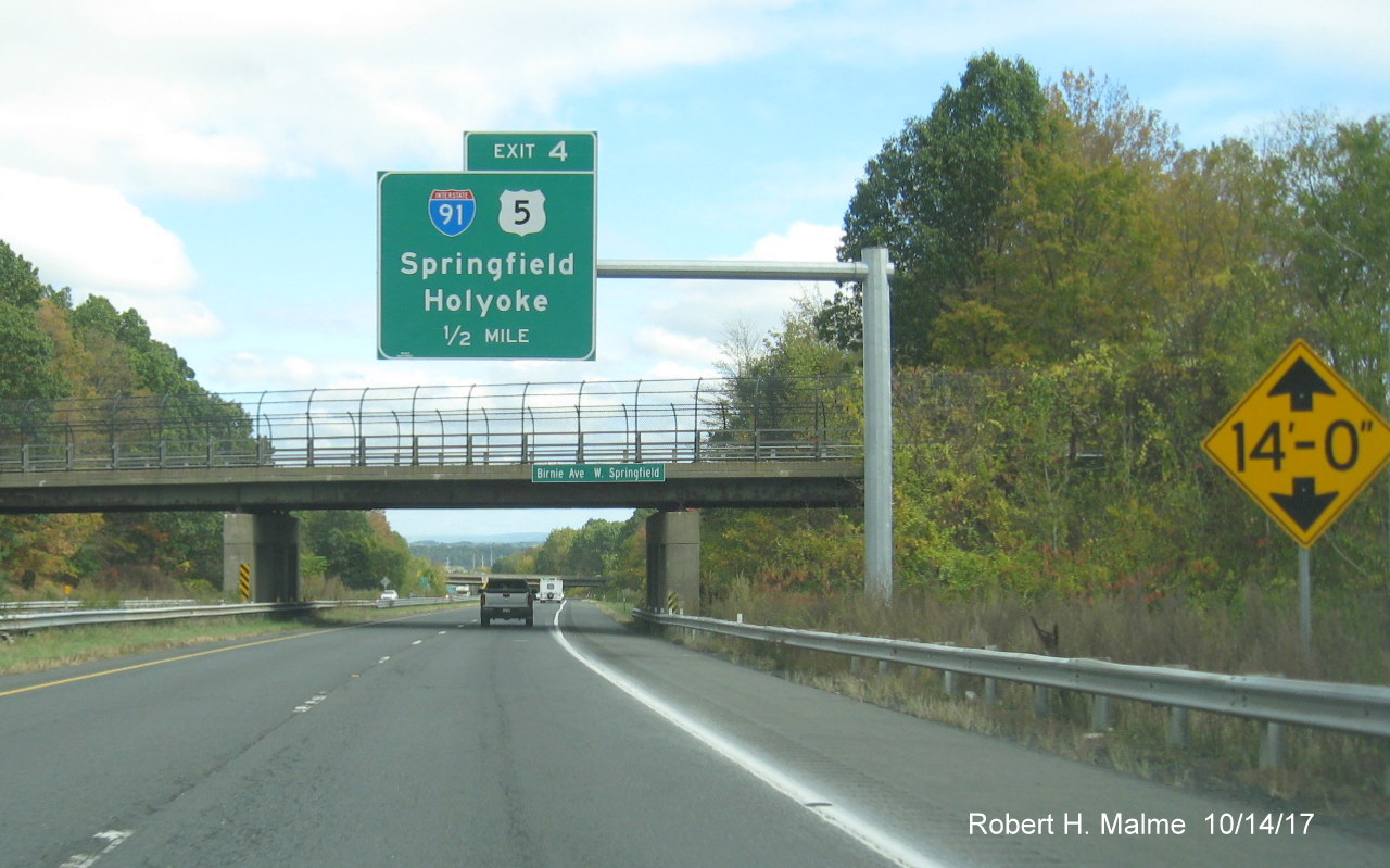 Image of newly placed 1/2 Mile advance overhead sign for I-91/US 5 exit on I-90/Mass Pike East in West Springfield