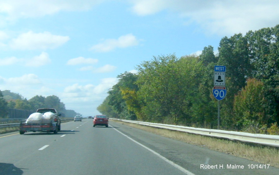 Image of West Mass Pike/I-90 reassurance marker following Exit 8 on-ramp in Ludlow