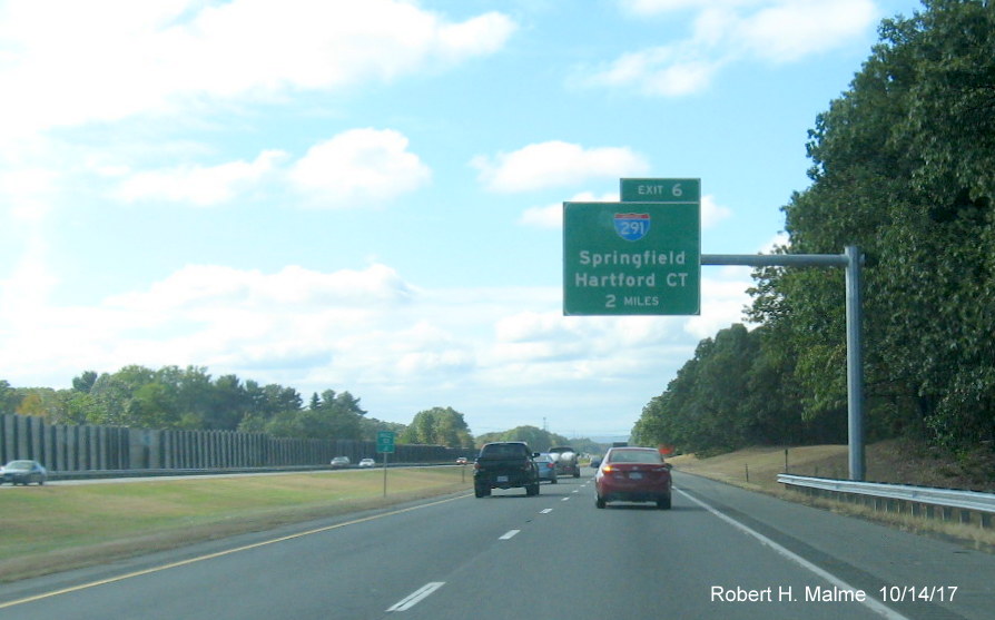 Image of recently placed 2-Mile exit sign for I-291 on I-90/Mass Pike West in Springfield