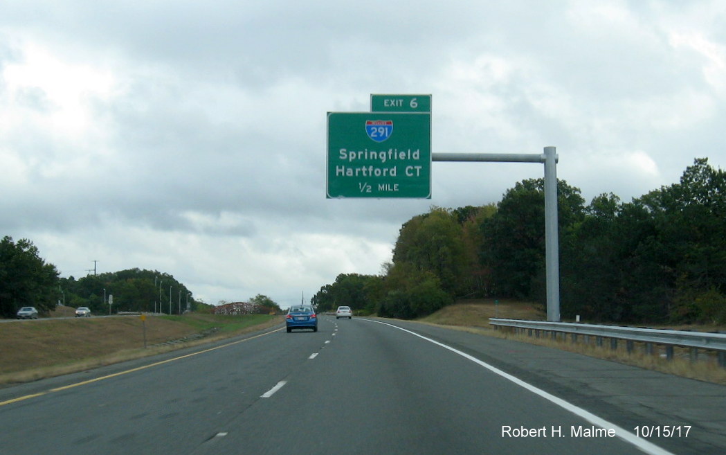Image of newly placed 1/2 mile overhead cantilever sign for I-291 Exit on I-90/Mass Pike East in Chicopee