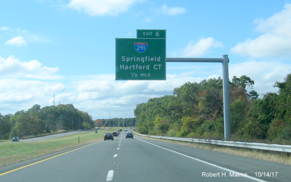 Image of recently installed 1/2 mile advance sign for I-291 exit on I-90/Mass Pike West in Springfield