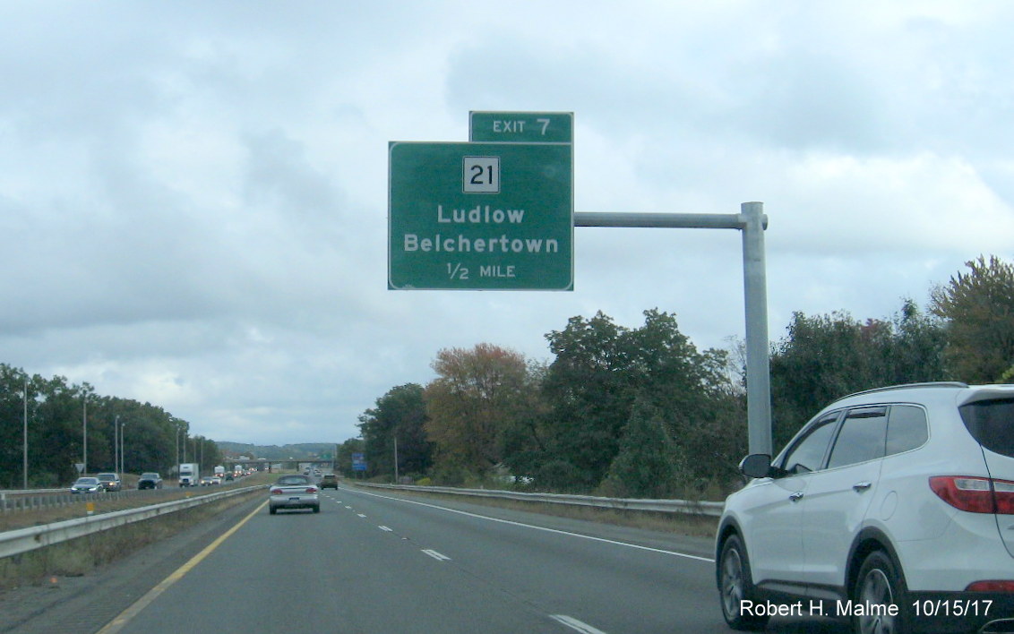 Image of newly placed 1/2 mile advance sign for MA 21 exit on I-90/Mass Pike East in Ludlow