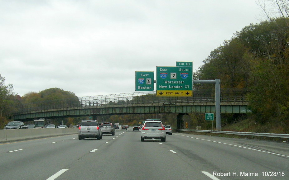 Image of recently placed overhead exit sign for I-290/MA 12/I-395 on I-90/Mass Pike East in Auburn