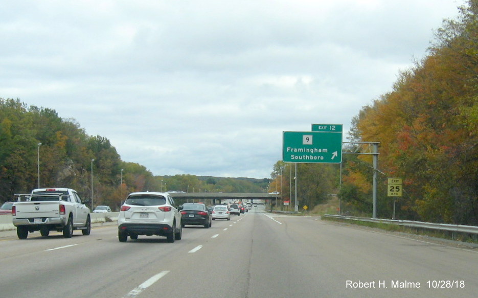 Image of recently placed overhead exit sign for MA 9 on I-90/Mass Pike East in Framingham