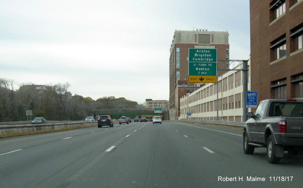 Image of newly placed 1-Mile advance overhead sign for Allston-Brighton/Cambridge exit on I-90 West in Boston