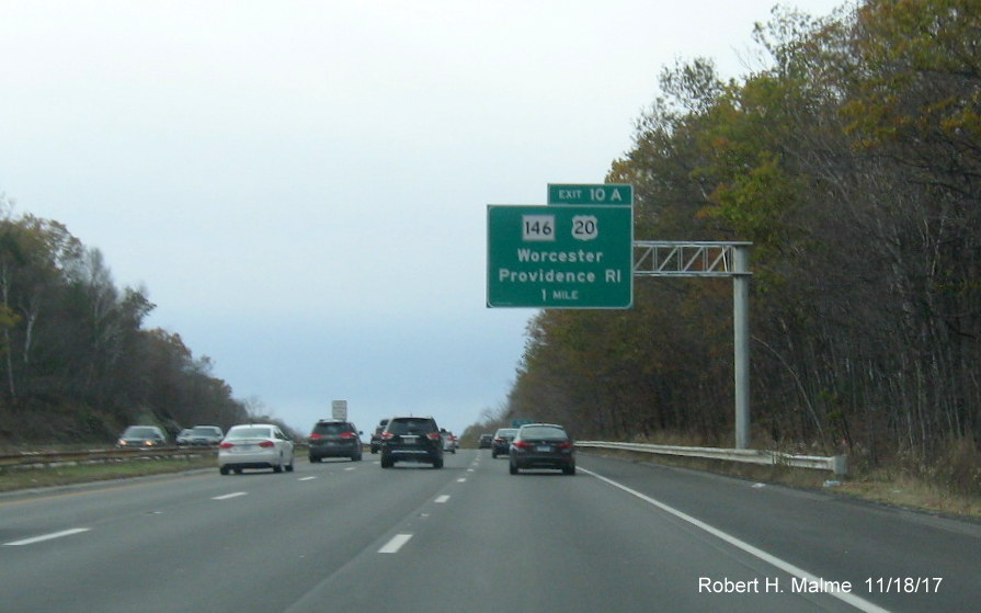Image of newly placed 1-Mile Advance overhead sign for MA 146/US 20 exit on I-90 West in Worcester