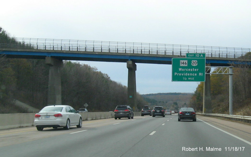 Image of newly placed 1/2 mile advance sign for MA 146/US 20 exit on I-90 West in Worcester